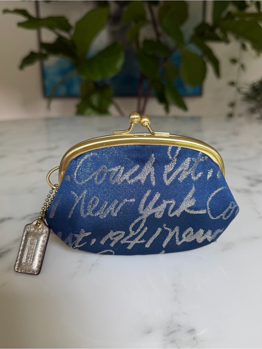 Coach Y2K Vintage Poppy Signature Script Kisslock Frame Coin Purse Navy F61036